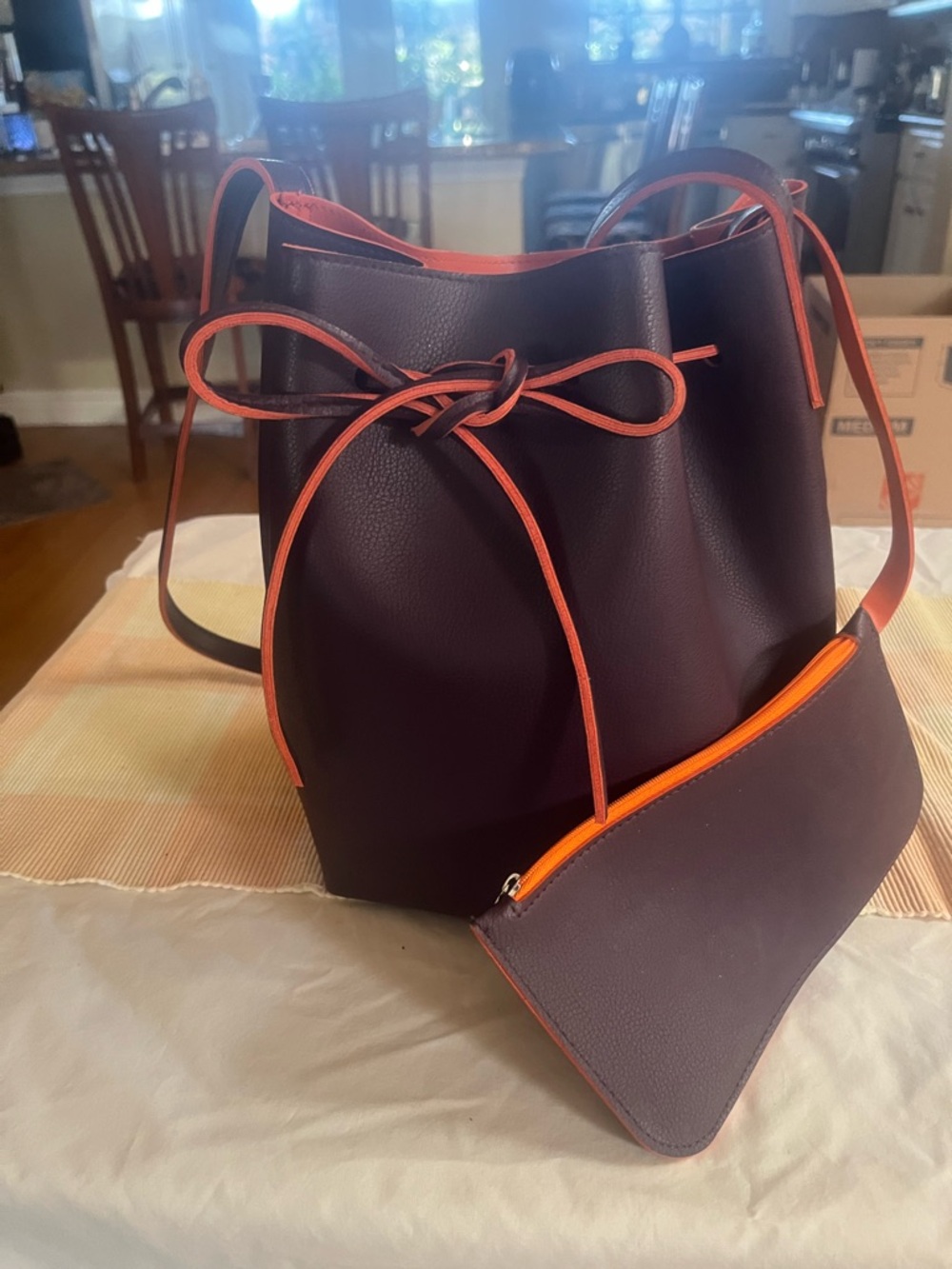 Drawstring Satchel in Purple with Orange Trim